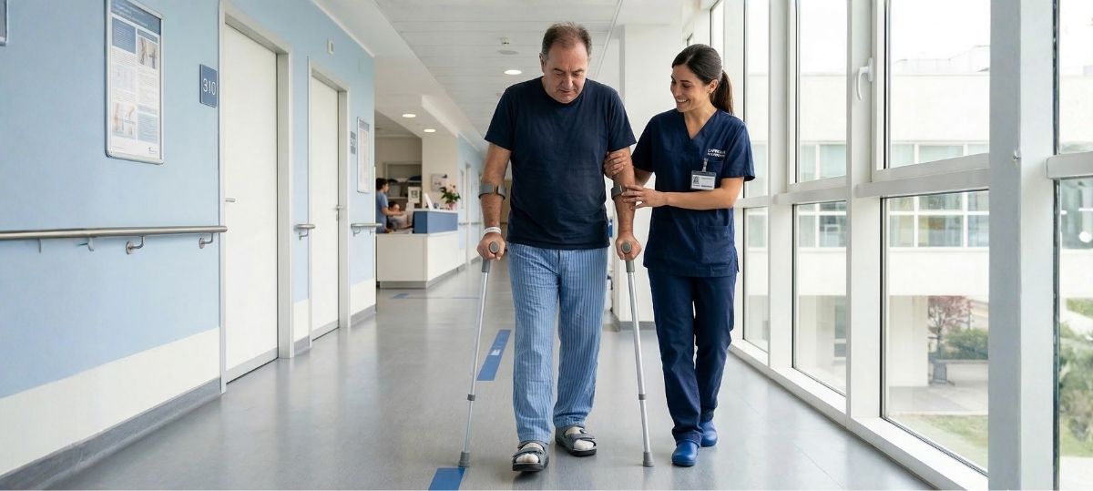 Paziente in riabilitazione con stampelle dopo un intervento di protesi d'anca assistito da una professionista sanitaria